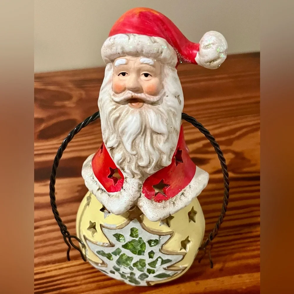 Vintage Santa Claus Ceramic Luminary Candle Holder Christmas Tree Mosaic Stars